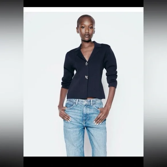 NWT Zara Flower Button Knit Cardigan Blazer Sweater in Navy Blue size Medium - Picture 8 of 12